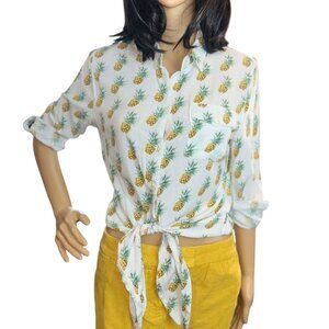 (6 for $25) Love Notes Button Down Tie Front Shirt in Pineapple Print-Medium